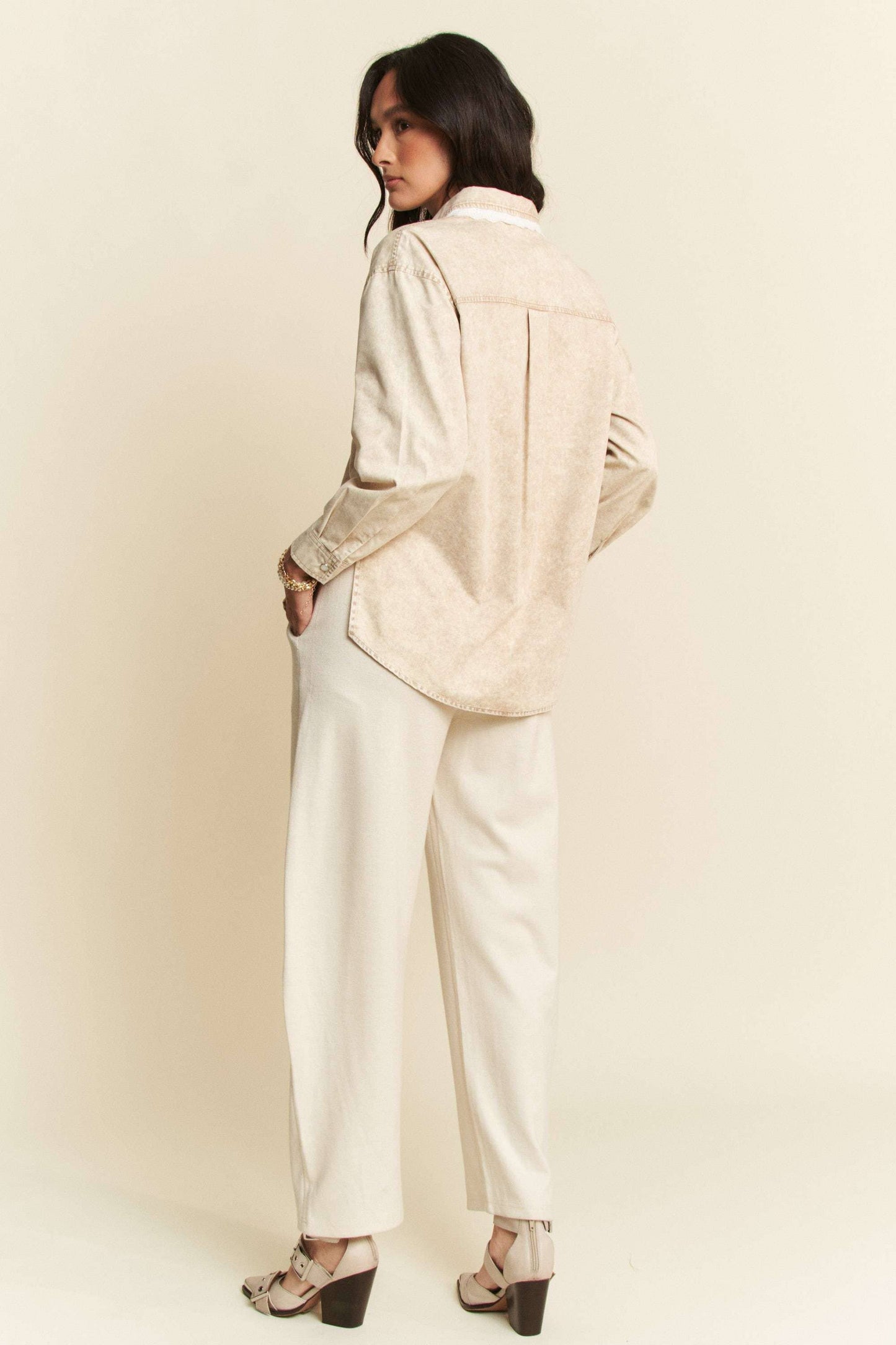 Lightweight Washed Lace Edge Waffle Knit Top - Beige