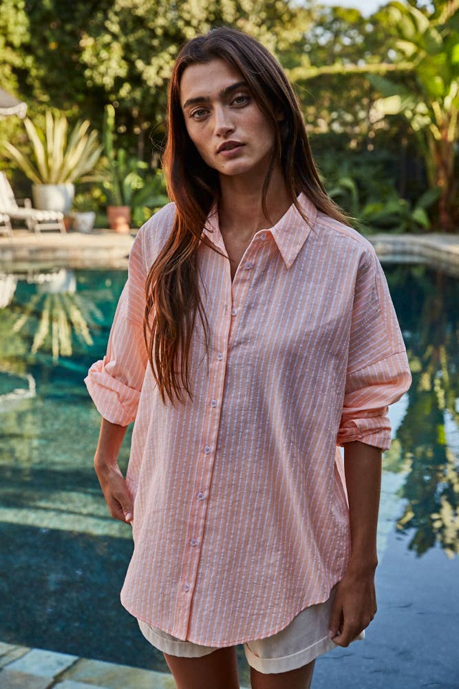 Woven Cotton Polyester Striped Button Down Shirt