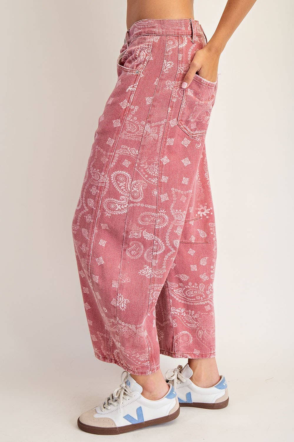 Mineral Washed Paisley Printed Barrel Jeans - Dusty Rose Bandana