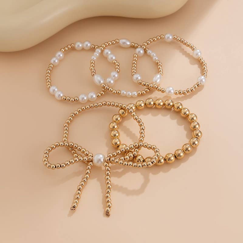 Multi Layer Ball Chain Bead Pearl Bow Bracelet Stack