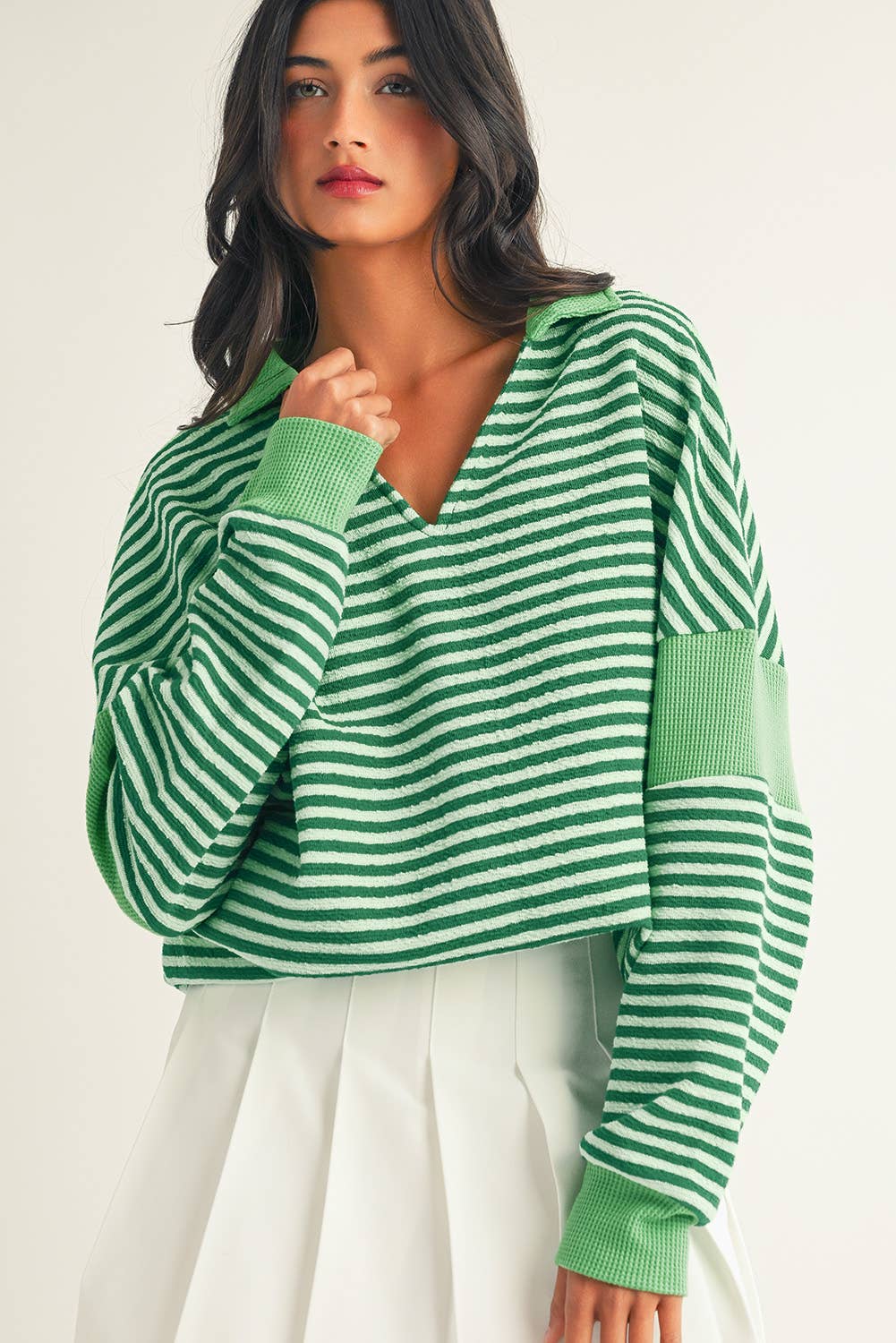 Stripe Turn-Down V Neck Patchwork Loose Top