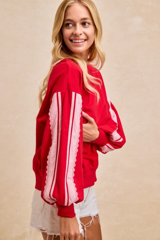 French Terry Side Contrast Lace Trim Top - Red