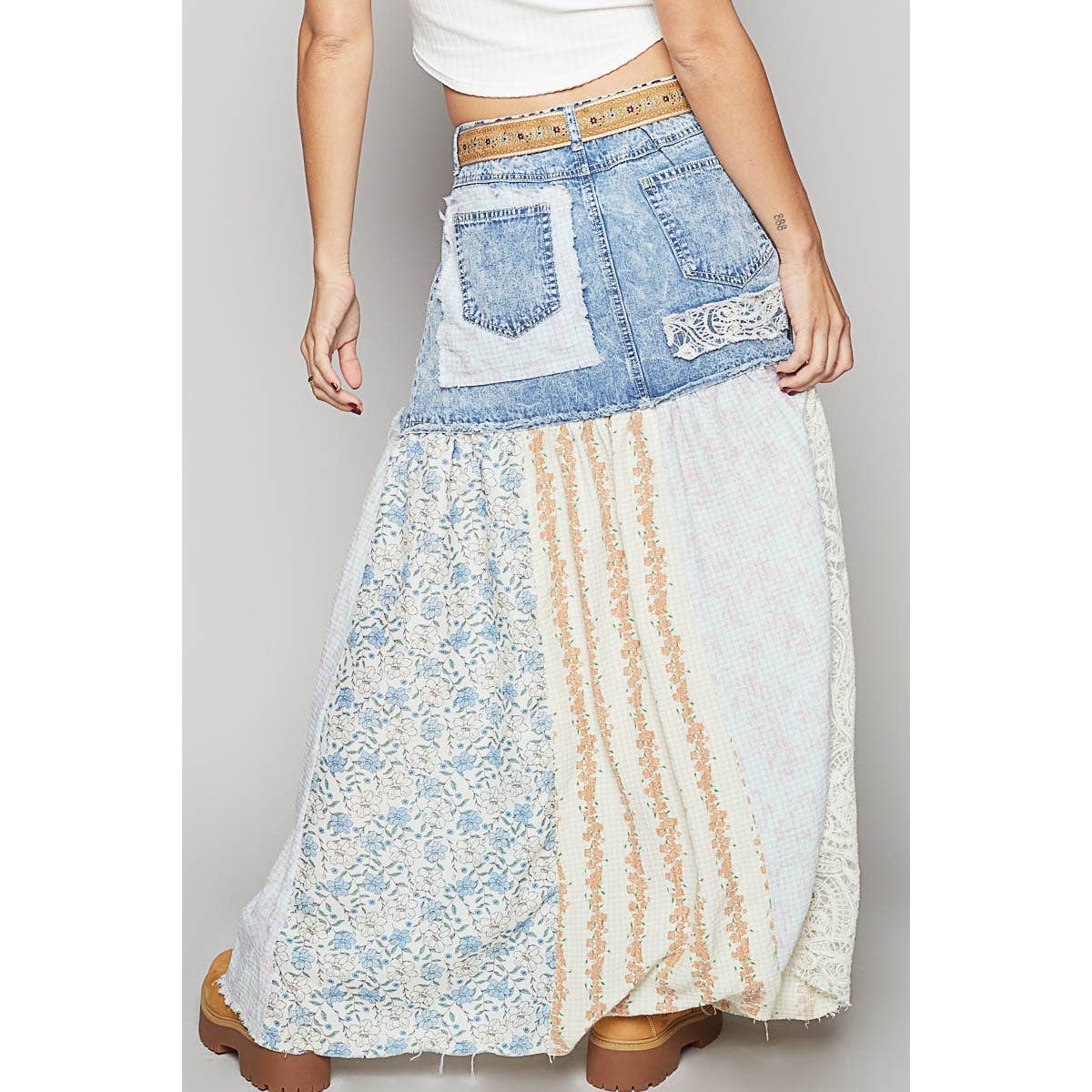 Woven Floral Print Mixed Skirt