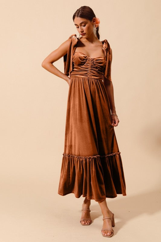 Velvet Holiday Dress With Ribbon Strap - Rust