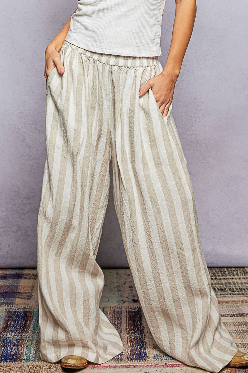 Stripe Pattern Elastic Waist Band Linen Woven Wide Pants