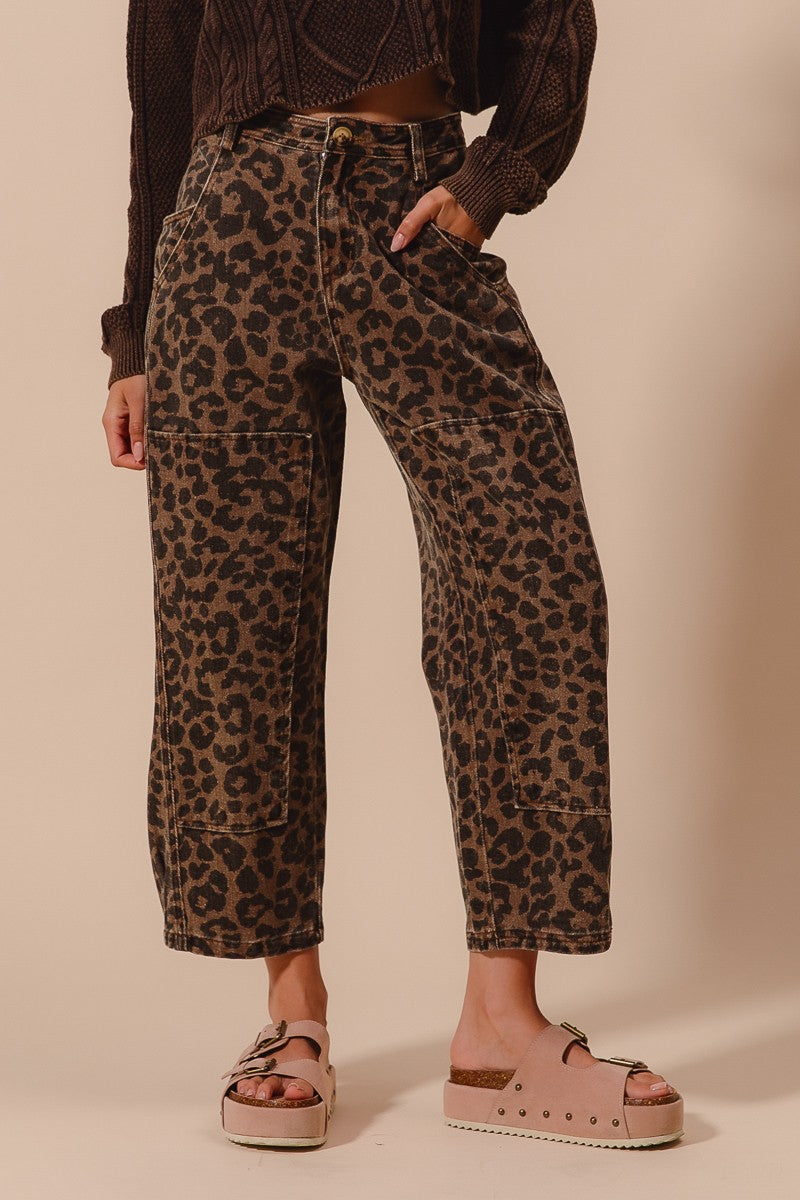 Two Toned Leopard Print Twill Mid Rise Pants