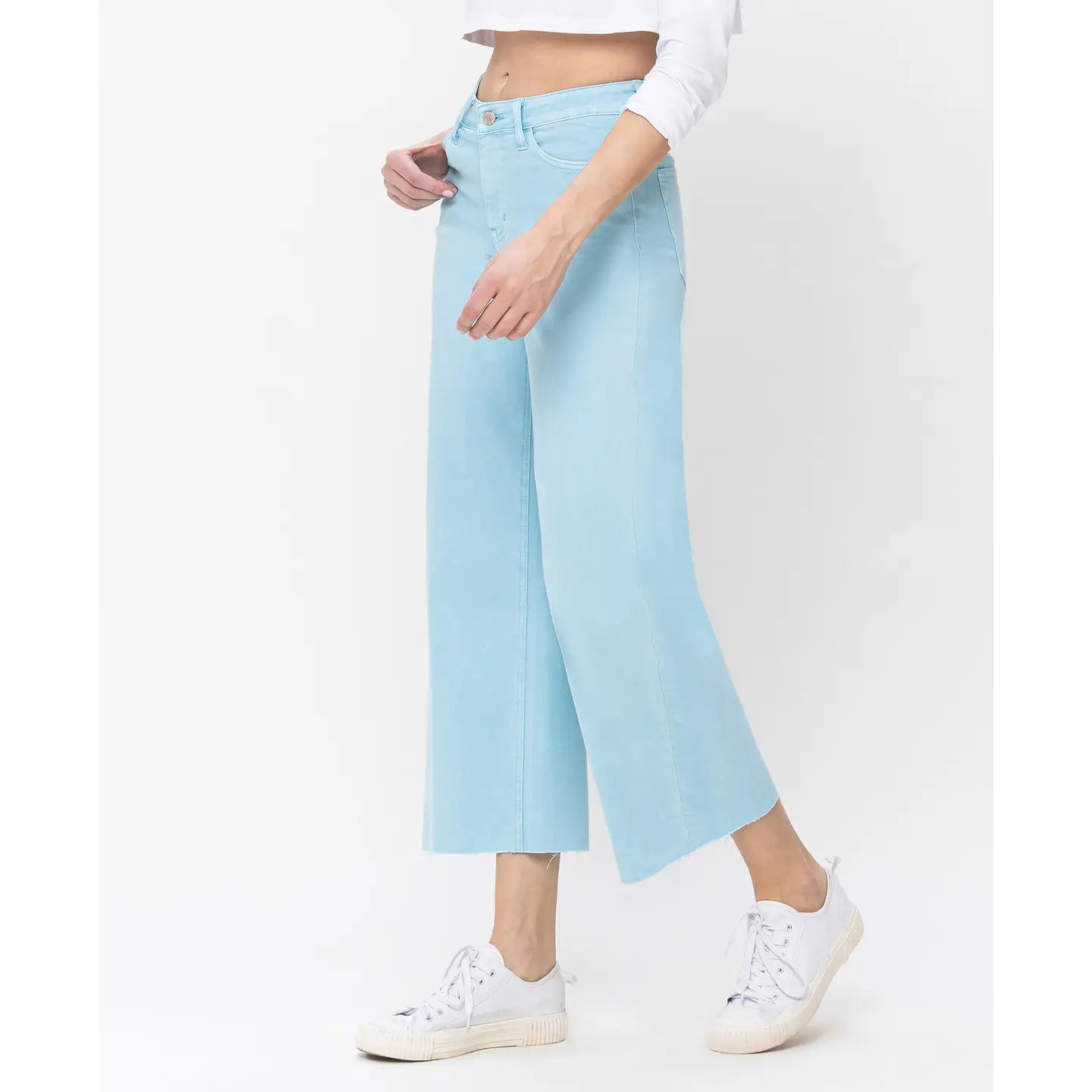 High Rise Clean Cut Raw Hem Wide Leg Jeans - Pastel Turquoise