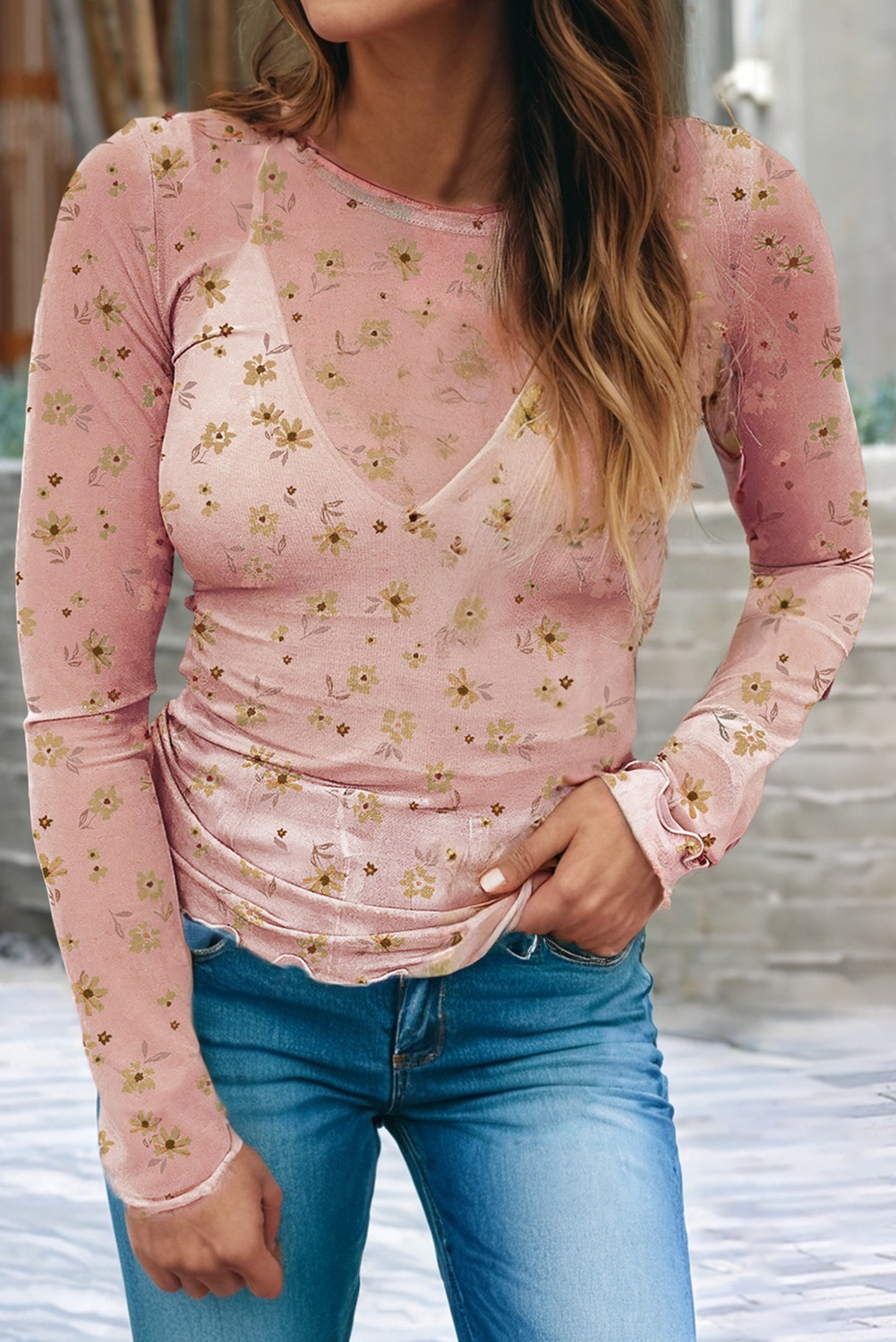 Vintage Floral Print Southern Style Mesh Long Sleeve Top