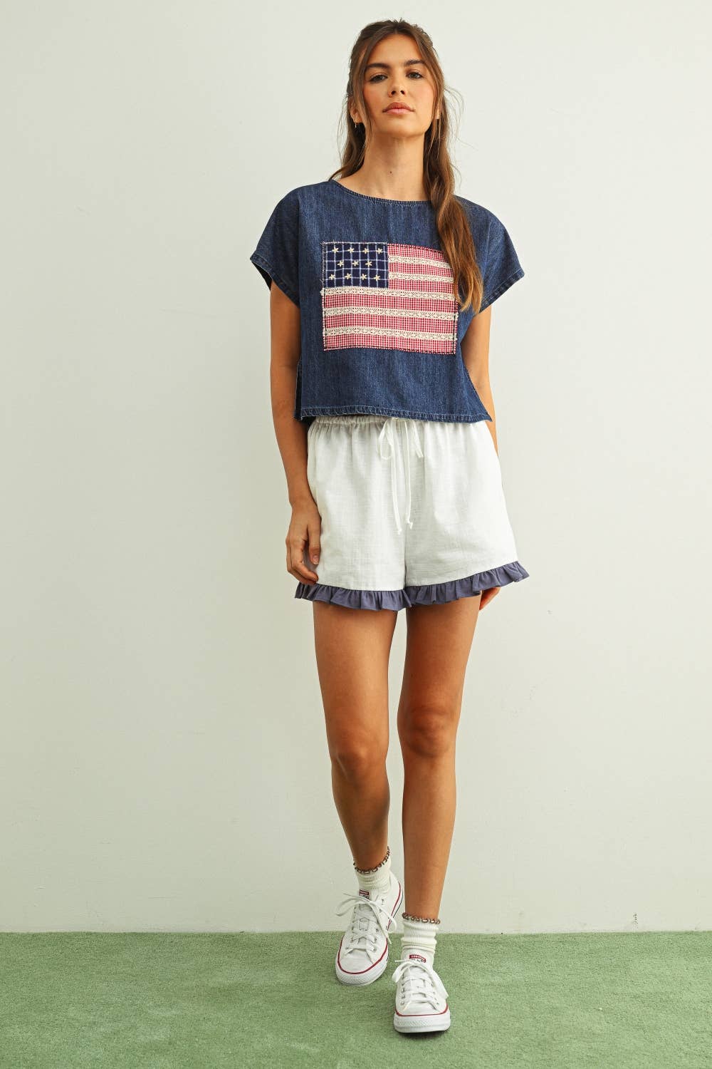 MIxed Fabric Flag Patched Dolman Sleeve Top
