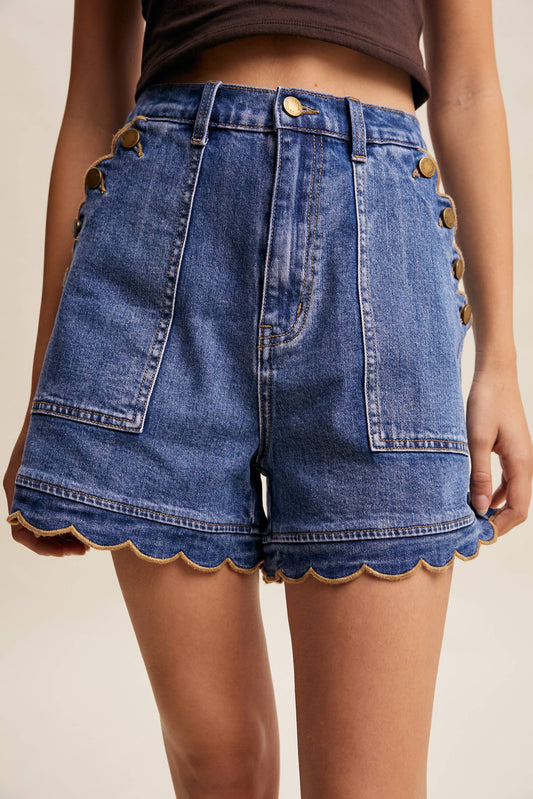 Scallop Button-Side Stretch Denim Shorts