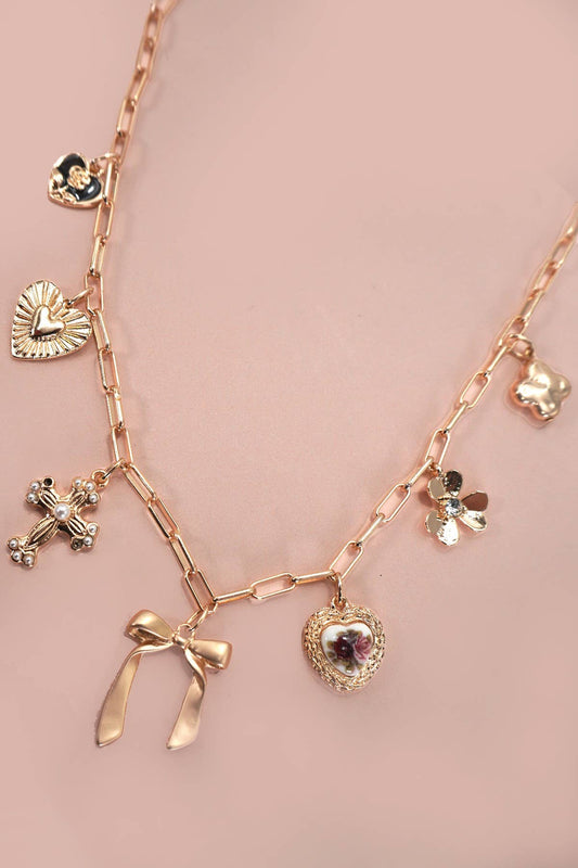 Charm Necklace - Porcelain Floral Bow Cross Heart