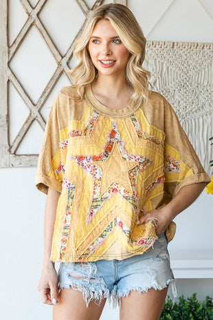 Star Patched Short Sleeve Top - Mustard