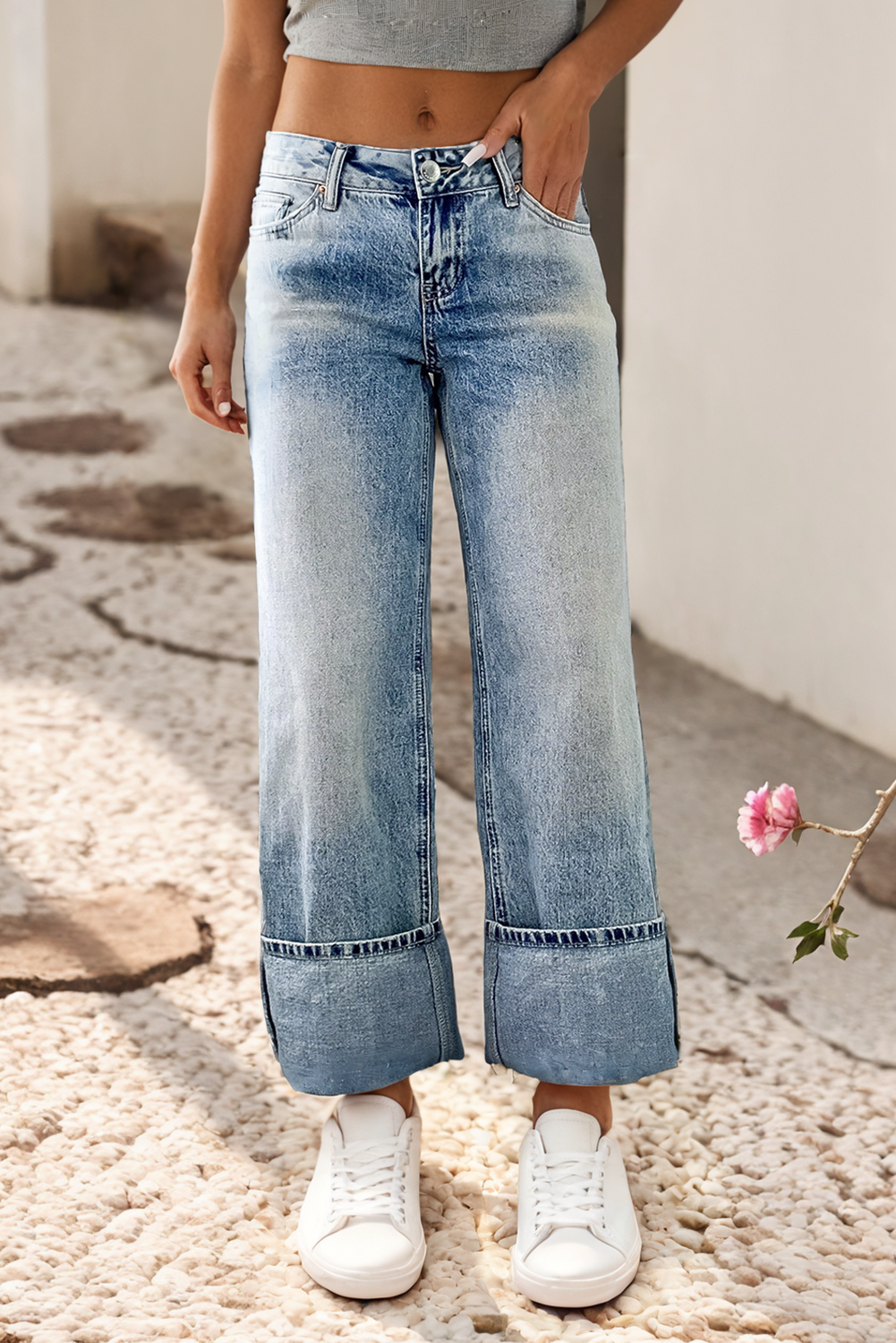 High Rise Button Fly Medium Wash Jeans