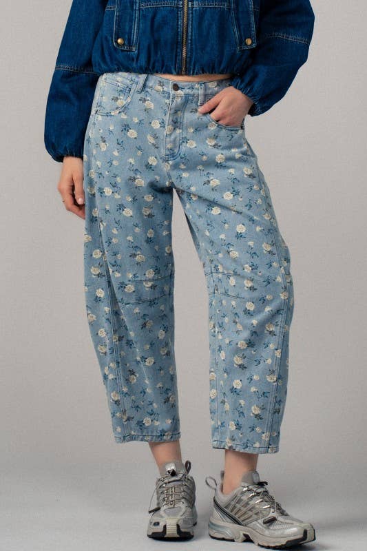 Floral Print Relaxed Fit Denim Pants