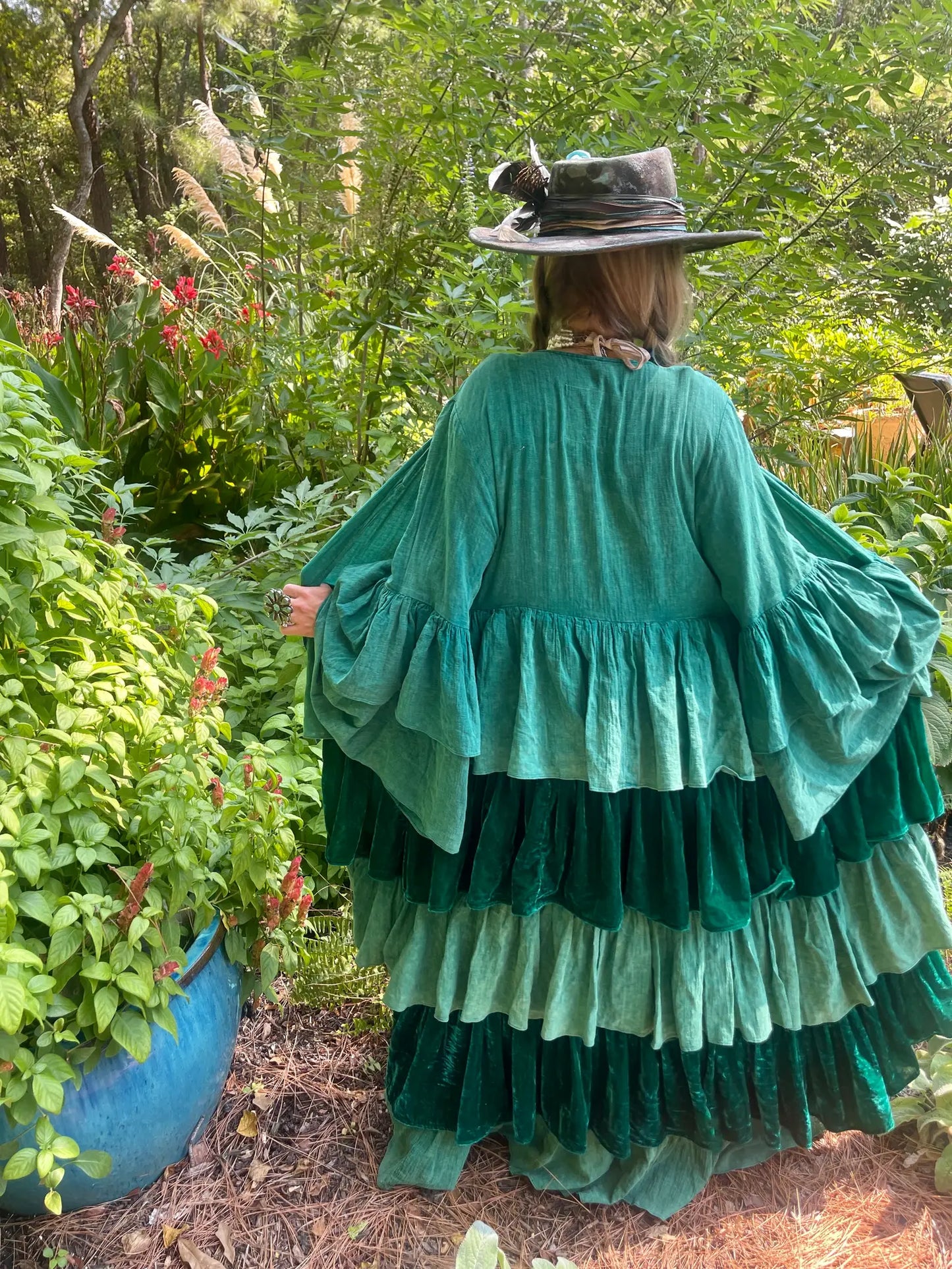 Emerald Ruffle Velvet Duster