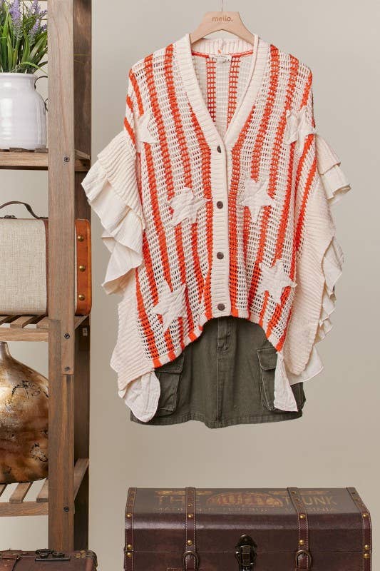Star Patch Open-Knit Top with Ruffle Detail