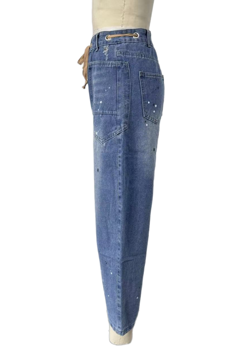 Braided Drawstring Patchwork Barrel Jeans