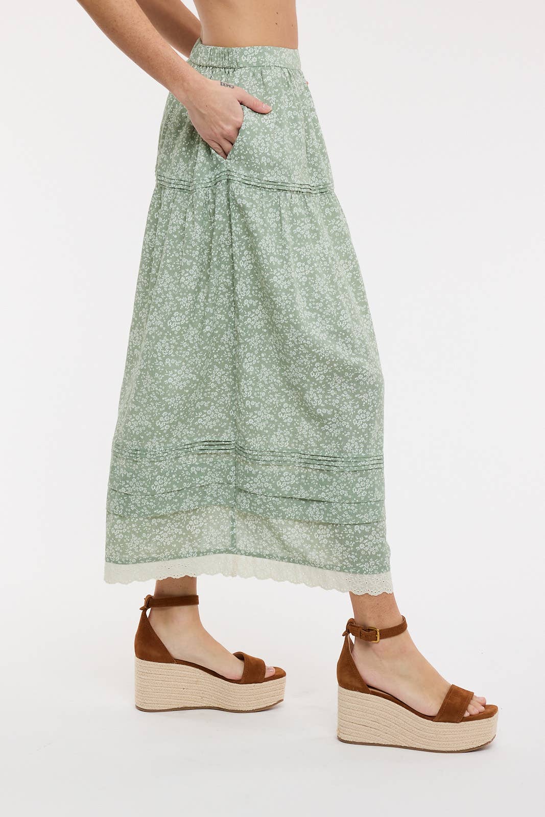 Floral Trim Hem Midi Skirt