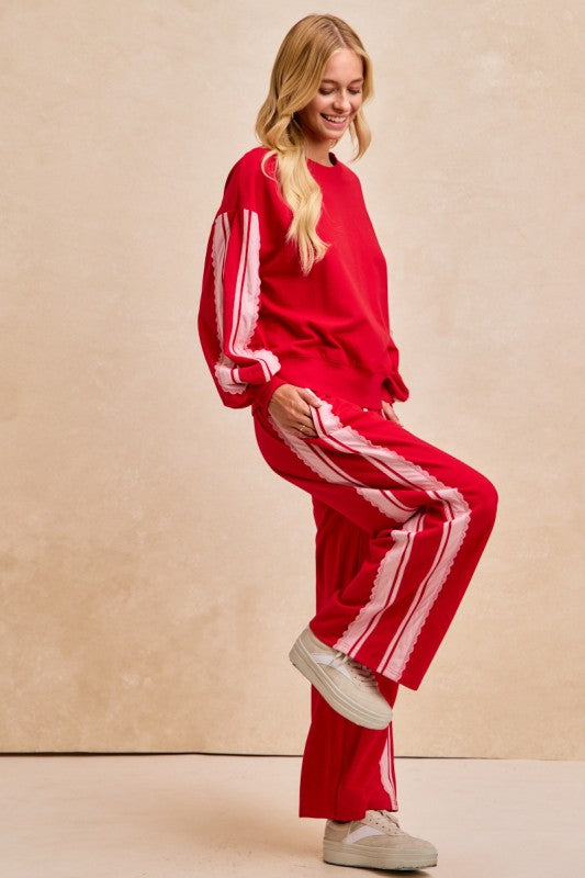 French Terry Side Contrast Lace Trim Top - Red