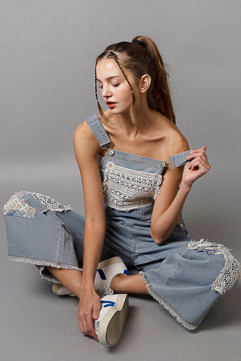 Crochet Patchwork Detail Casual Denim Overalls