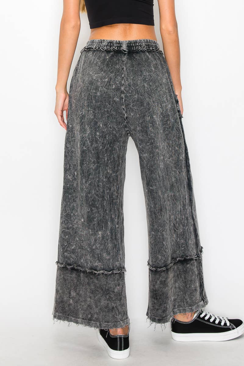 Mineral Wash Wide Pants with Raw Hem - Midnight Green