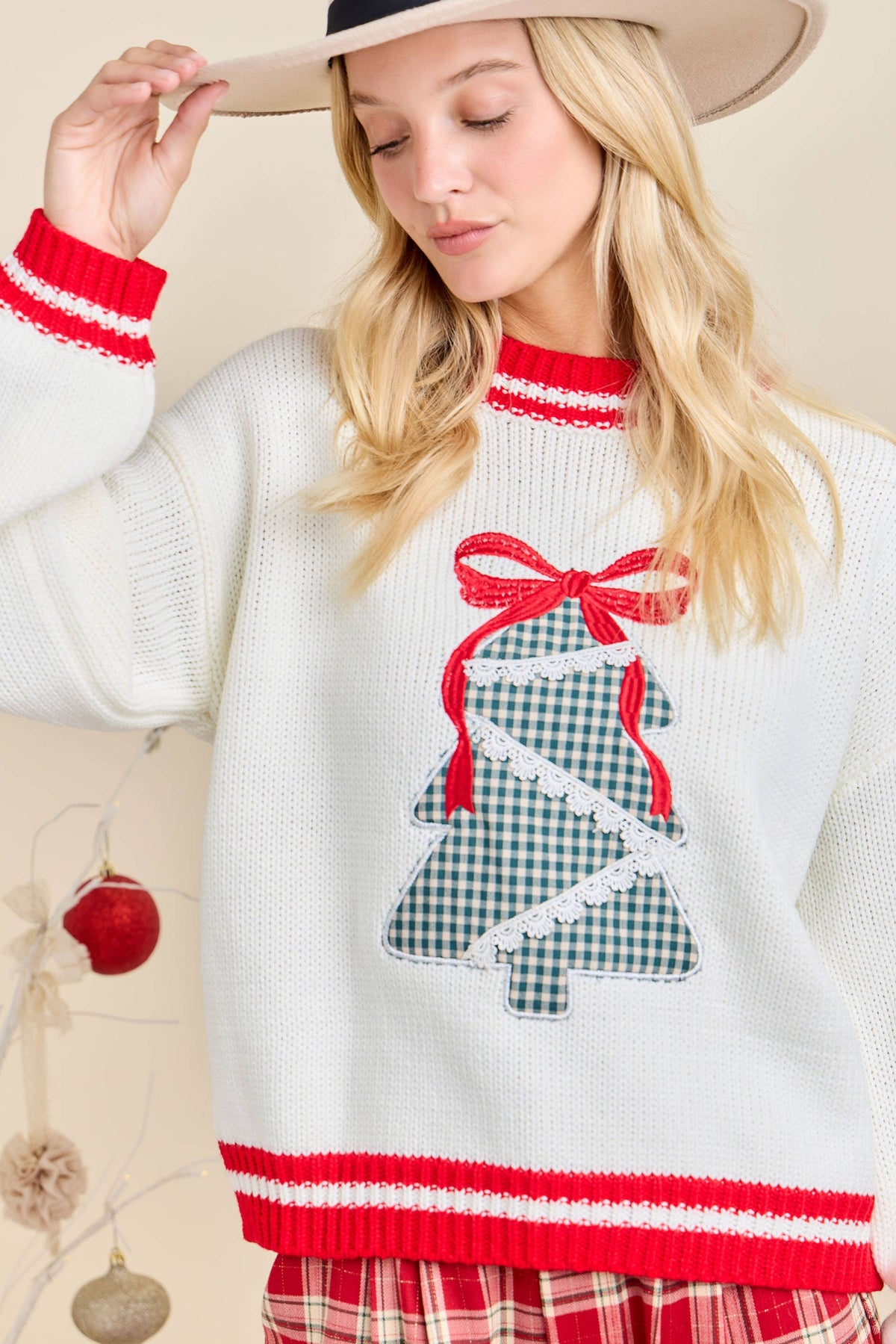 Plaid Tree Knit Sweater with Red Bow – Holiday Pullover