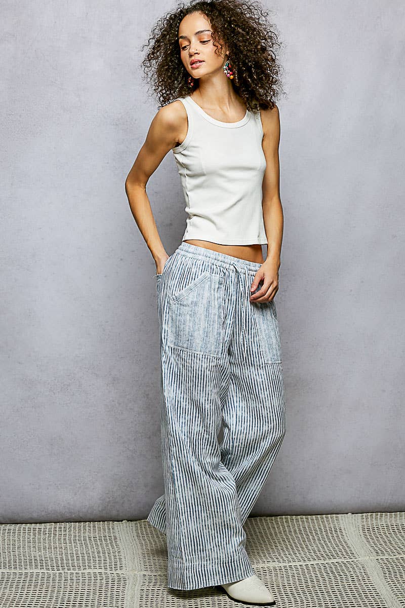 Striped Big Pocket Waist Band Straight Fit Pants