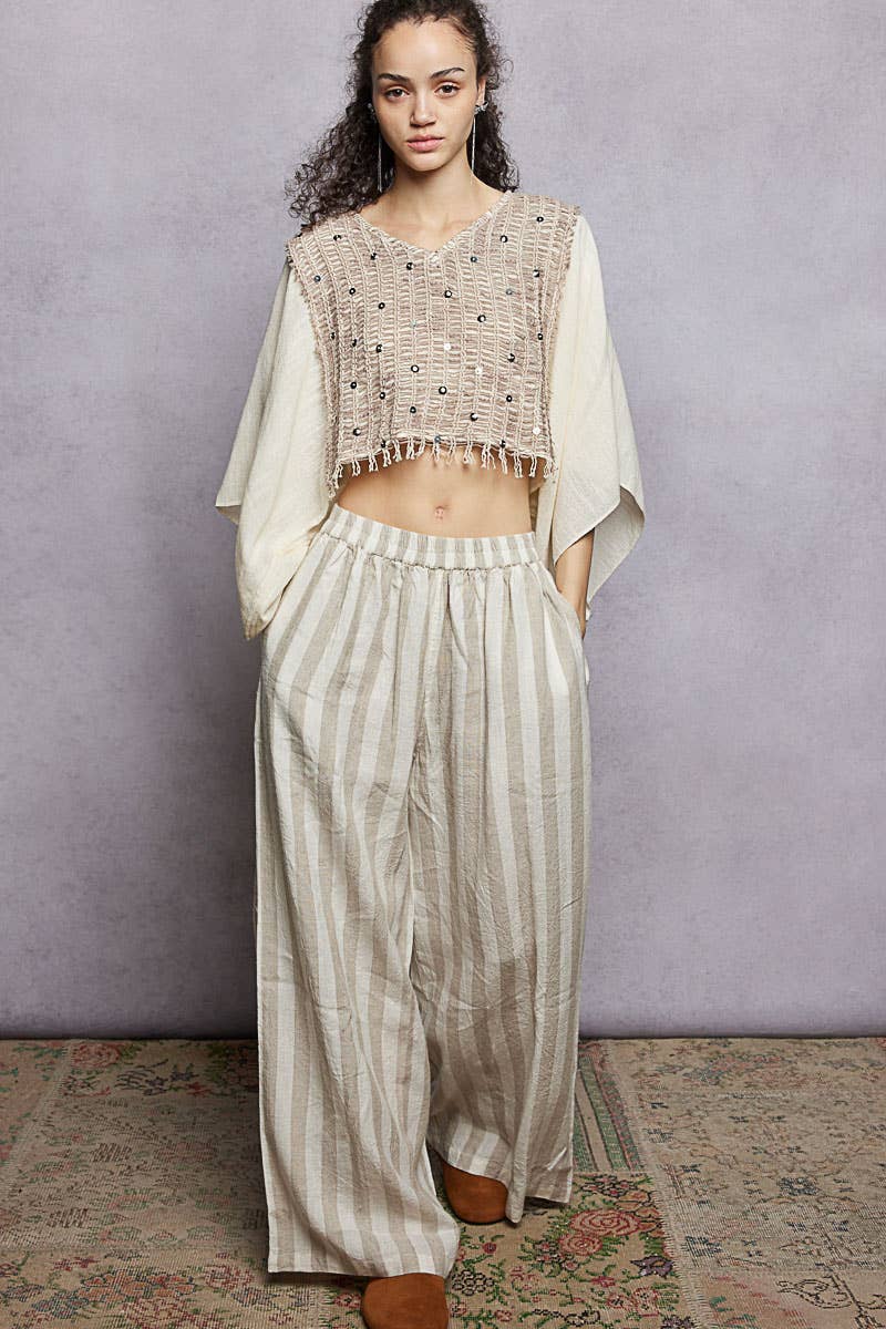 Stripe Pattern Elastic Waist Band Linen Woven Wide Pants