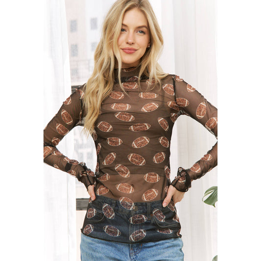 FOOTBALL PRINT MESH HIGH NECK DESIGN LONG SLEEVE TOP