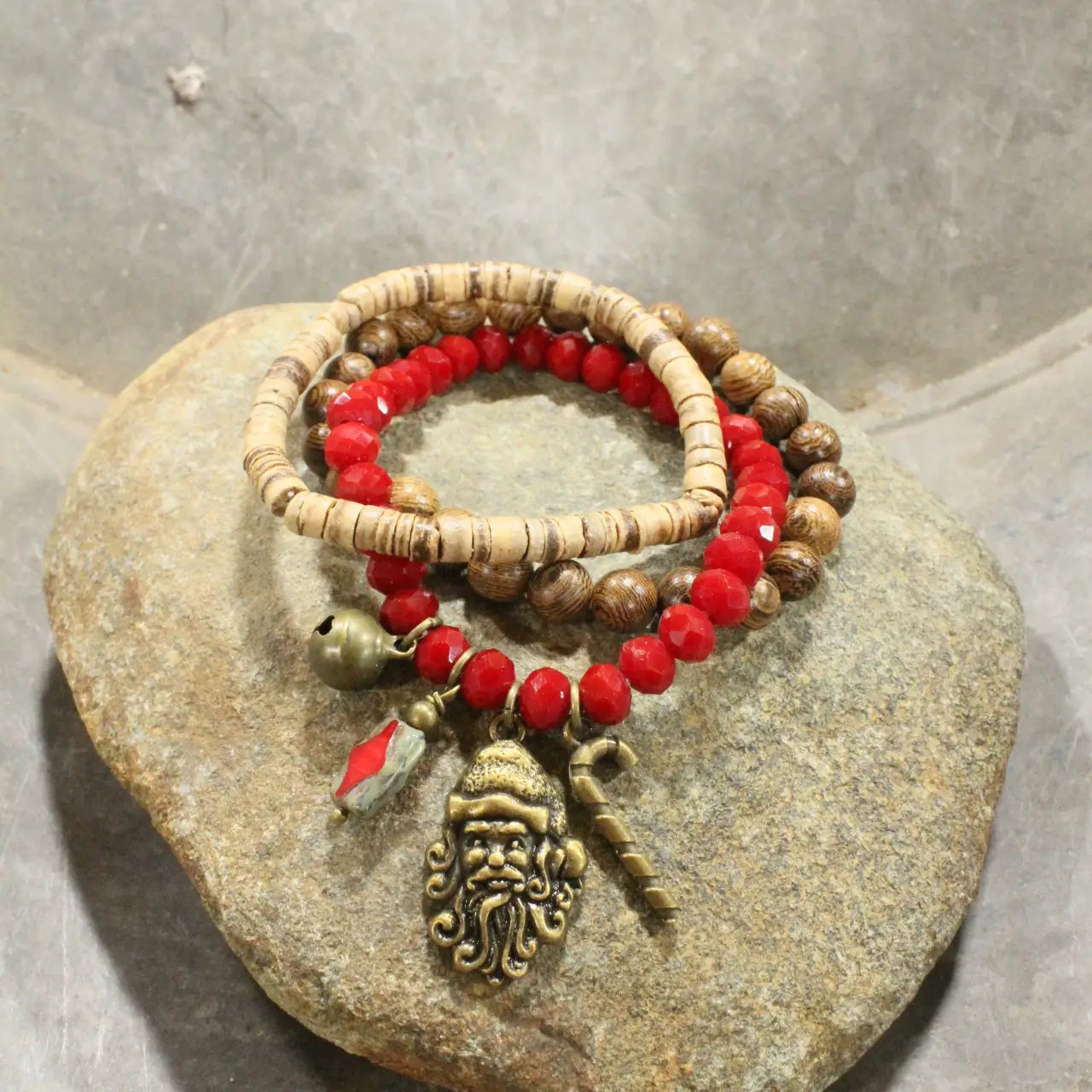 Czech Stone & Bronze Santa Stretch Bracelet Set