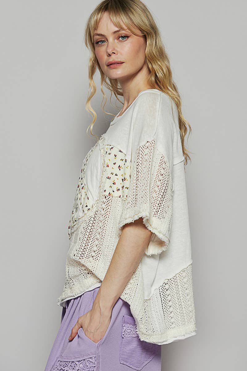 Oversize Round Neck Crochet Print Peace Top