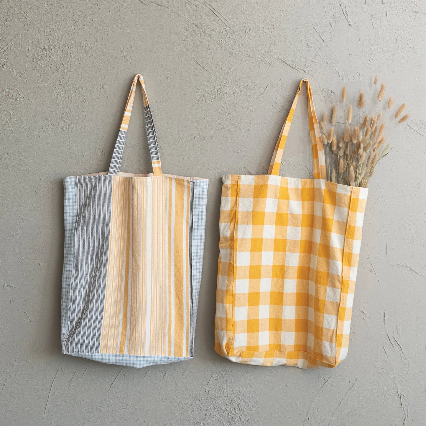 Cotton Tote Bag w/ Gingham/Stripes & Interior Pocket