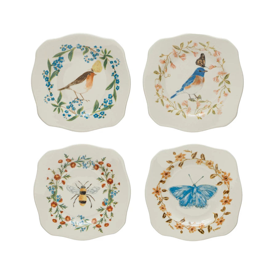 Stoneware Scalloped Plate w/ Insect/Bird & Flowers