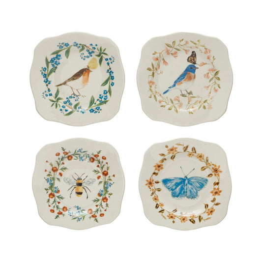 Stoneware Scalloped Plate w/ Insect/Bird & Flowers