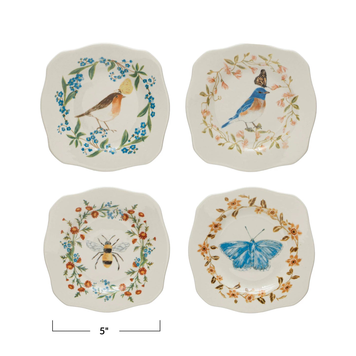 Stoneware Scalloped Plate w/ Insect/Bird & Flowers
