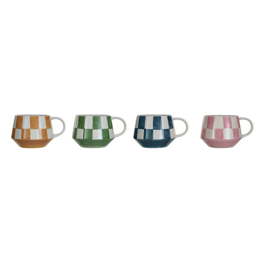 10 oz. Stoneware Mug w/ Check Pattern, 4 Color Options