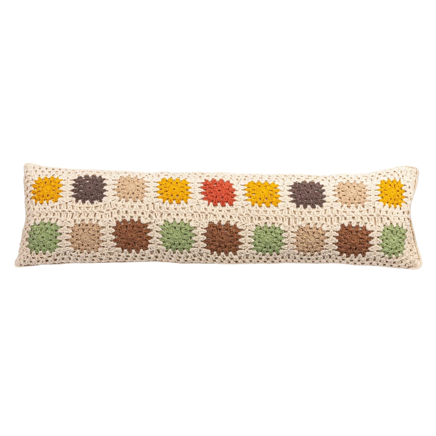 Cotton Crocheted Granny Square Lumbar Pillow w/ Block Pattern