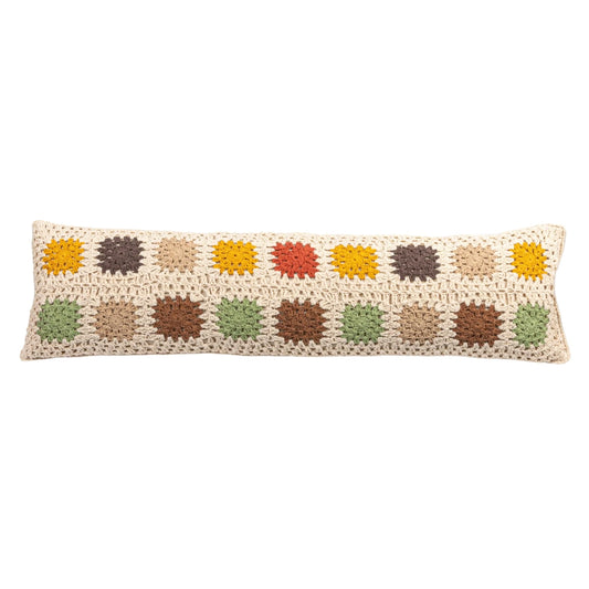 Cotton Crocheted Granny Square Lumbar Pillow w/ Block Pattern