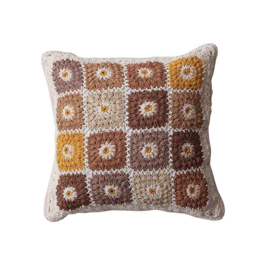 18" Square Cotton Crocheted Granny Square Pillow