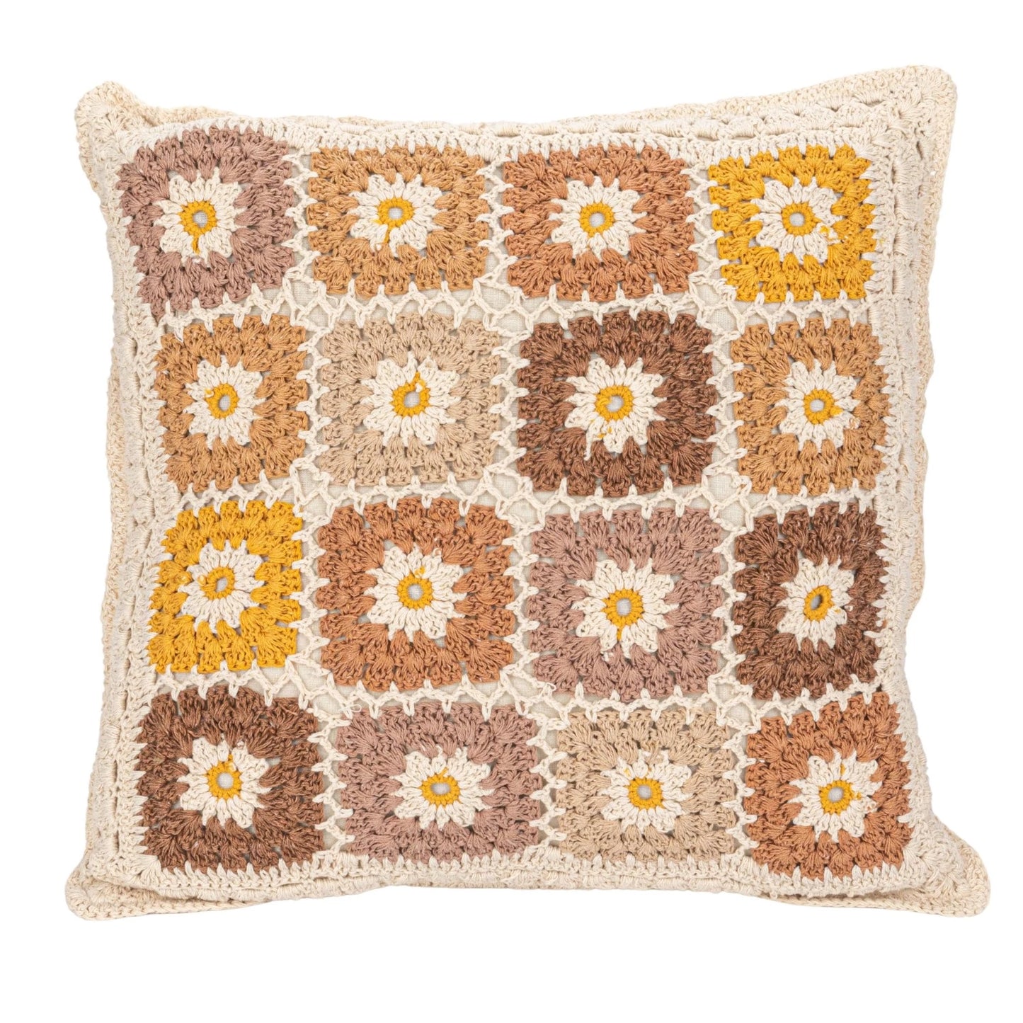 18" Square Cotton Crocheted Granny Square Pillow