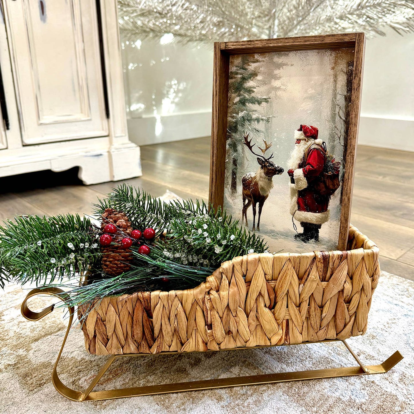 Santa Claus and Reindeer - Christmas Framed Canvas Art