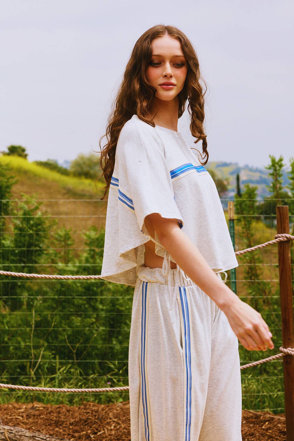 Tie Sleeves Stripe Trimmed Crop Top