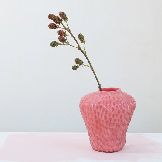 Glass Strawberry Shaped Vase, Opaque Pink