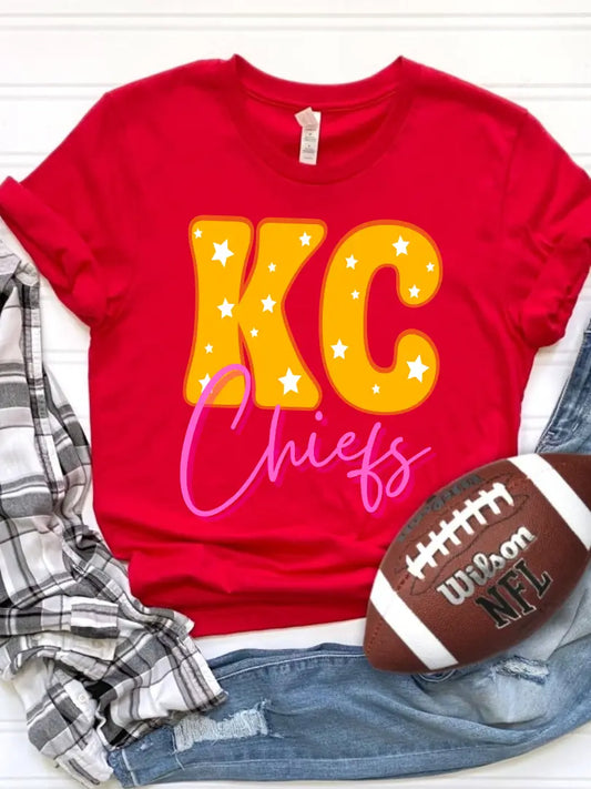 KC Chiefs Yellow & Pink On Red Tee