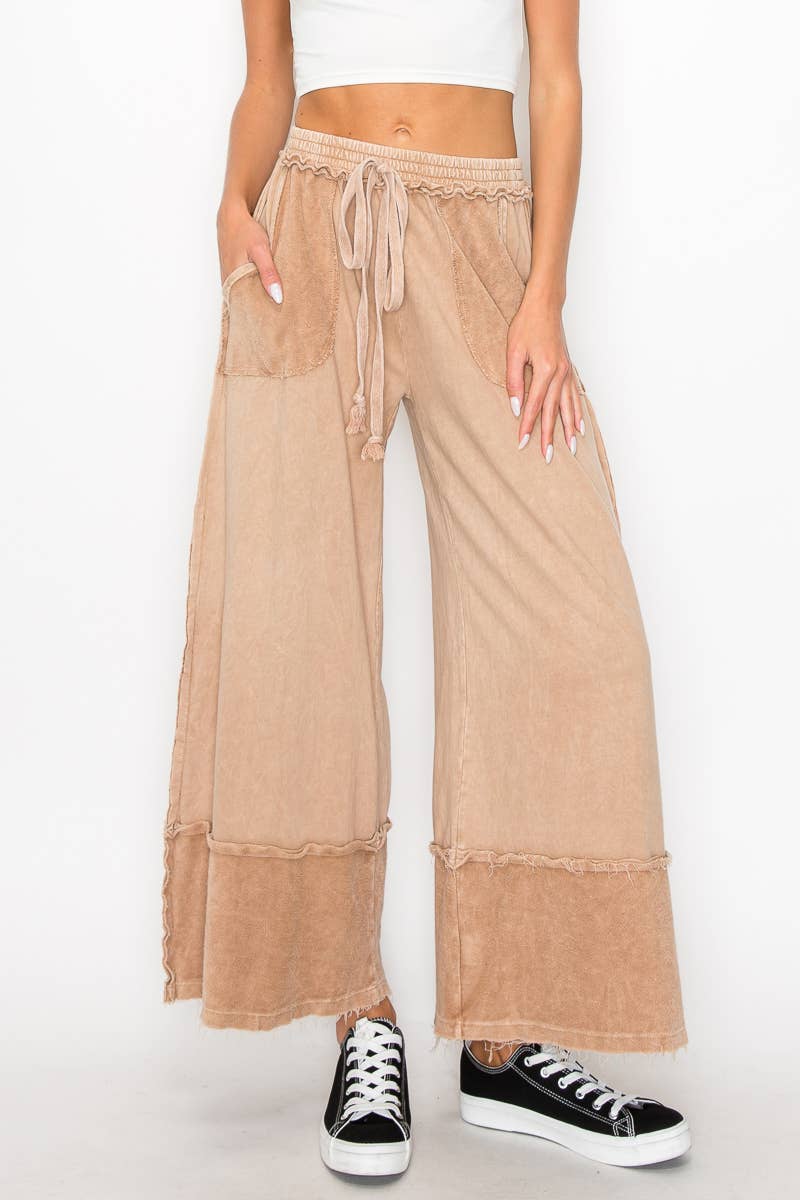 Mineral Wash Wide Pants with Raw Hem - Midnight Green