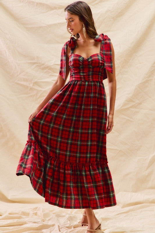 Christmas Check Plaid Woven Holiday Midi Dress