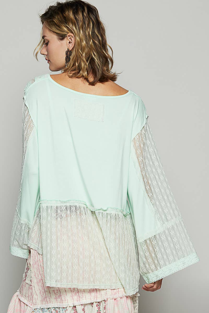 V Neck Long Sleeve Lace Contrast Knit Top