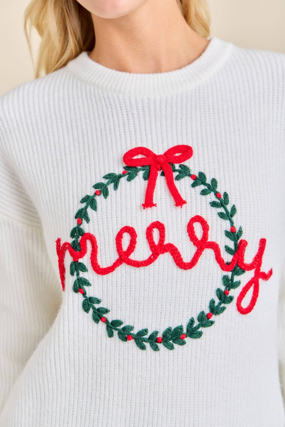 Merry Wreath Knit Sweater with Red Bow – Holiday Pullover