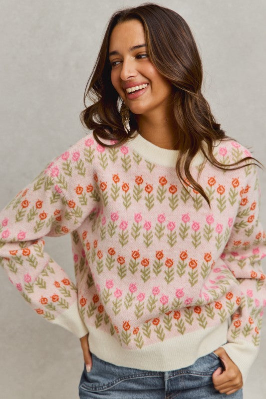 Flower Patterned Loose Fit Sweater