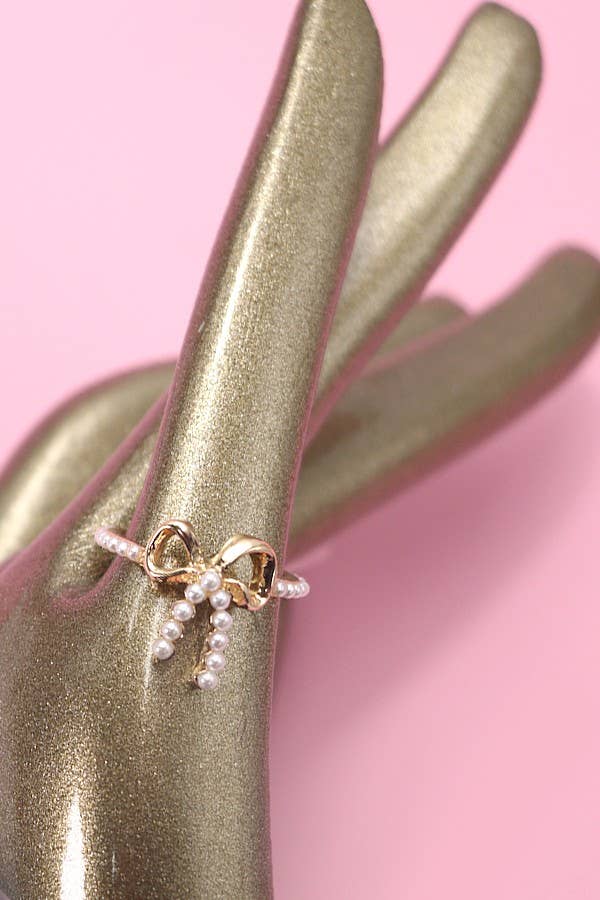 Gold Pearl Bow Ribbon Ring